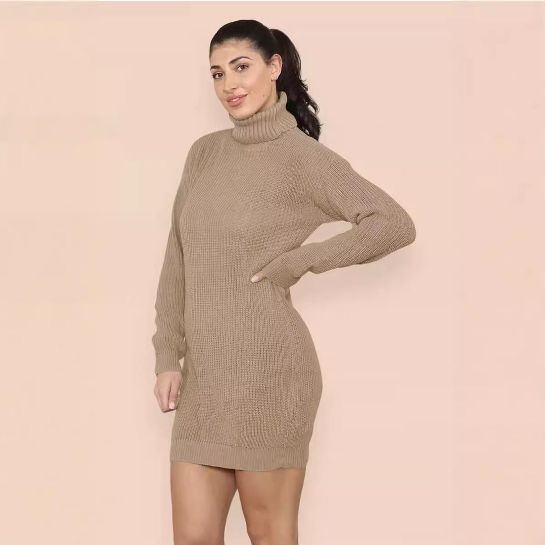 Oversized knit dress for women with a high collar and decorative ribbing design Lune London