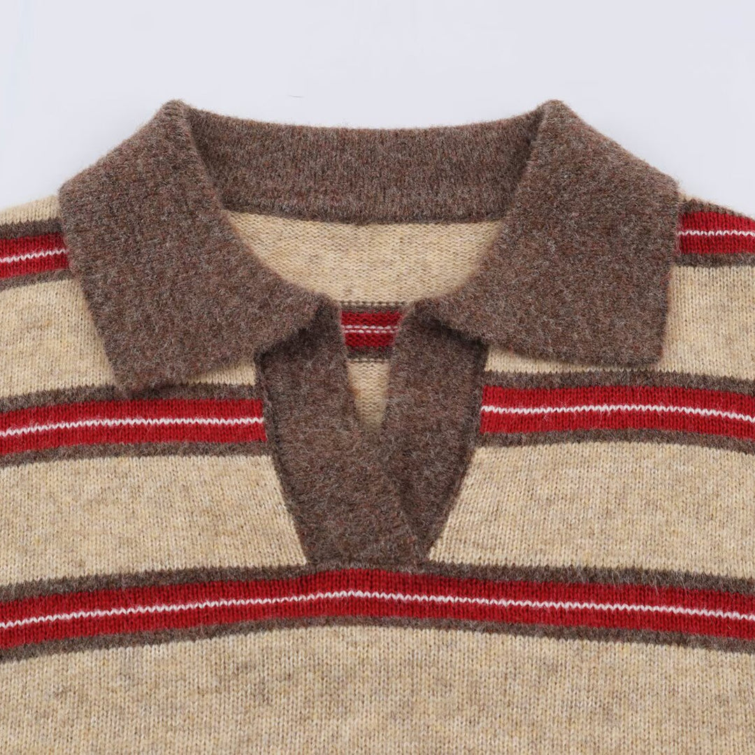 Women Striped Oversize Sweater with Polo Collar and V-Neck Amarae