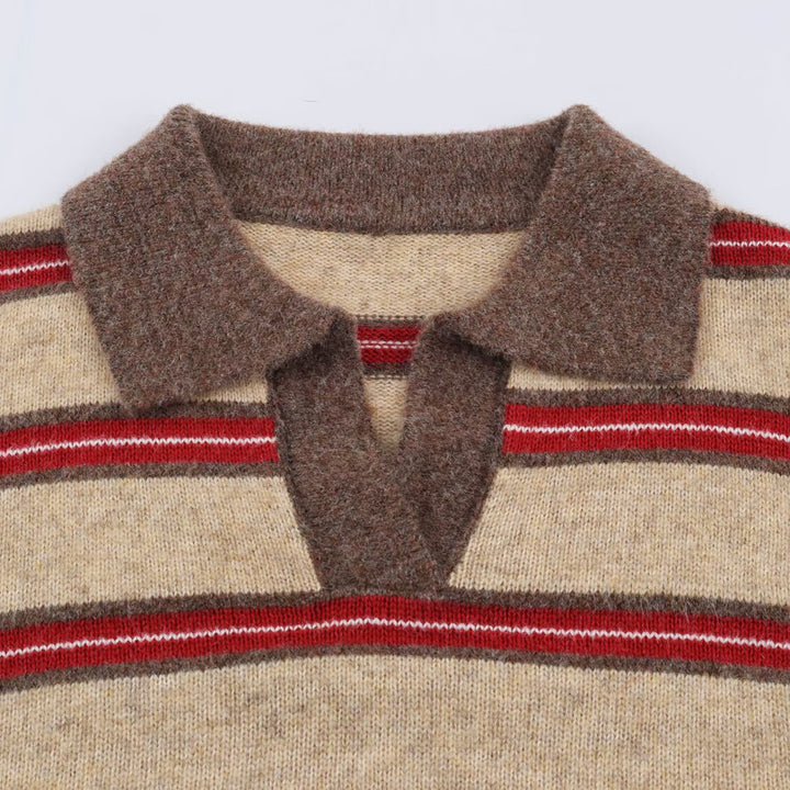 Women Striped Oversize Sweater with Polo Collar and V-Neck Amarae