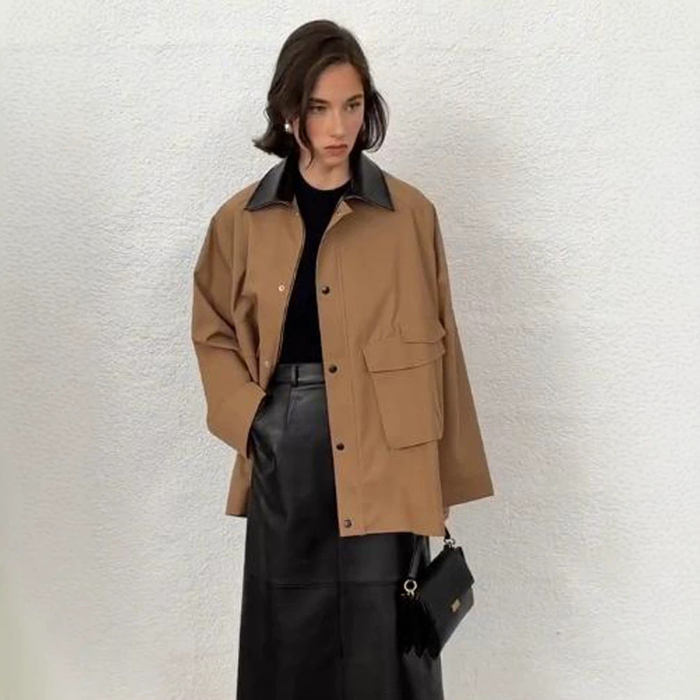 Women Oversize utilitarian Jacket with large flap pockets and contrast collar Amarae