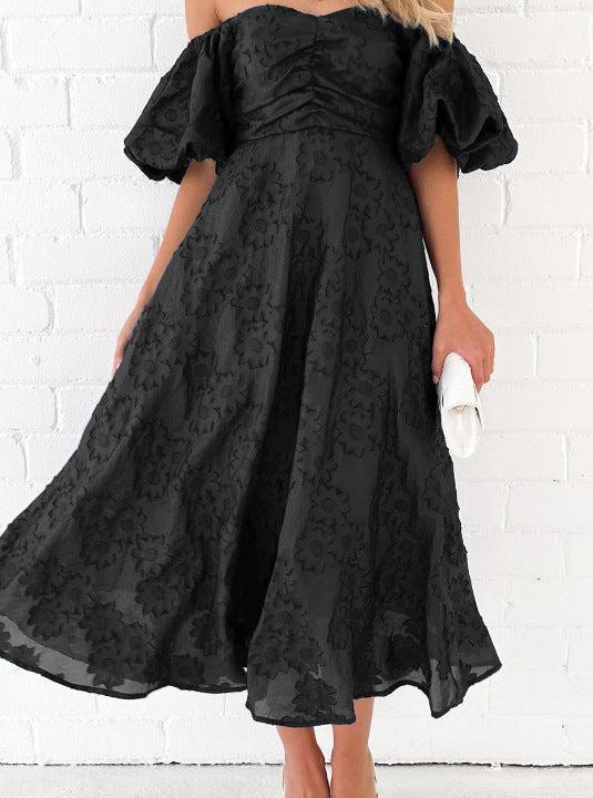 Maxi A-Line Dress for Women with Voluminous Puff Sleeves and Chic Floral Design