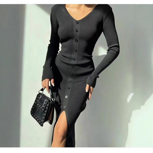 Knit dress for women with deep V-neck and continuous button placket Amarae