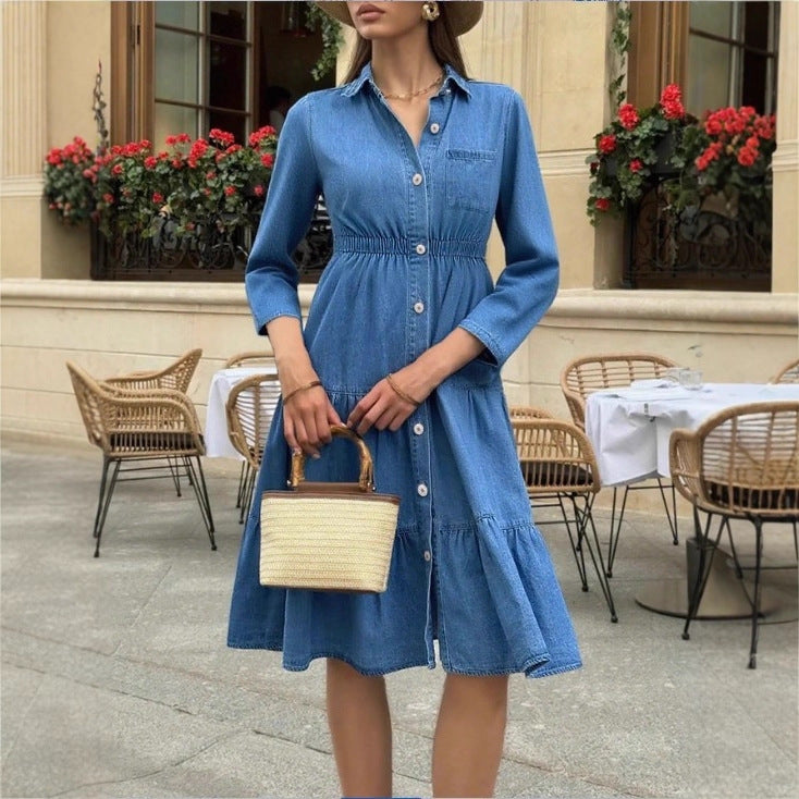 Women's button-down shirt dress made of denim with a waist-defining elastic band, button placket & tiered skirt Amarae