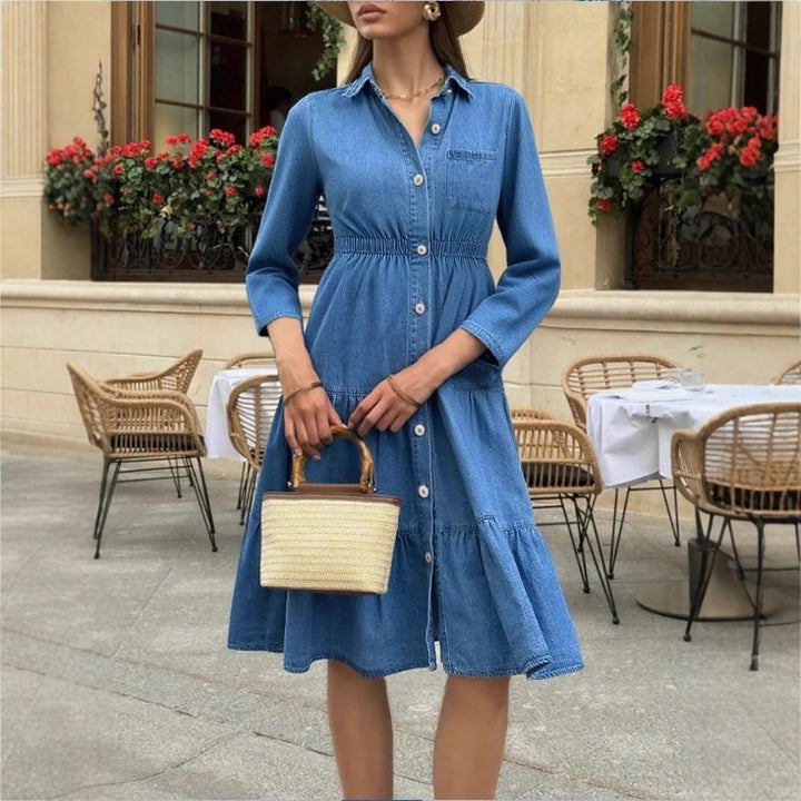 Women's button-down shirt dress made of denim with a waist-defining elastic band, button placket & tiered skirt Amarae