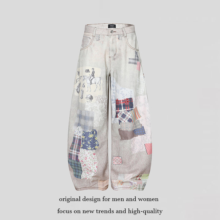 Women's Wide High-Waist Culotte Jeans with Patchwork Print and Balloon Silhouette Amarae