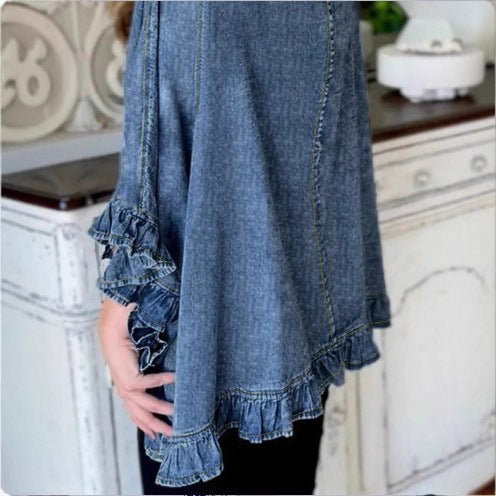 Women Oversized Jeans Kimono with Ruffle Edge and Open Fall Amarae