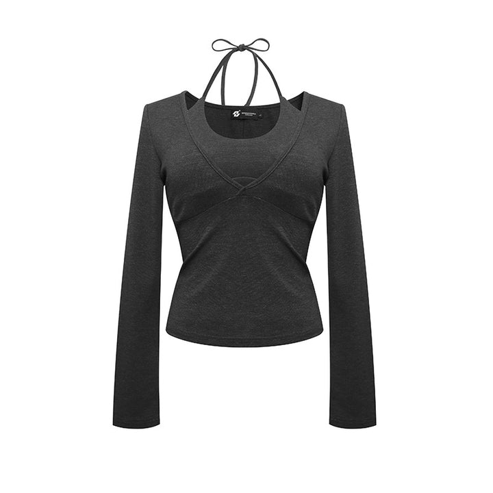Women's long sleeve top with halter neck, wrap look and fitted cut Amarae