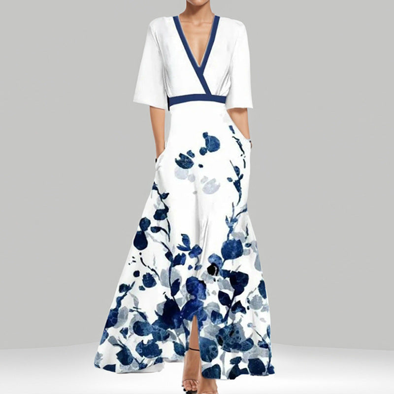 Lune London | Elegant V-Neck Printed Waist Dress with Peplum