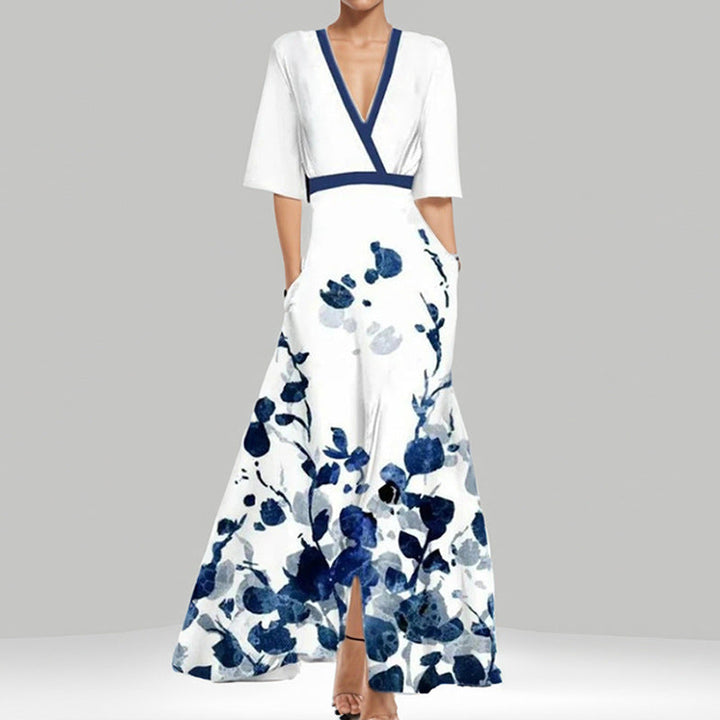 Lune London | Elegant V-Neck Printed Waist Dress with Peplum