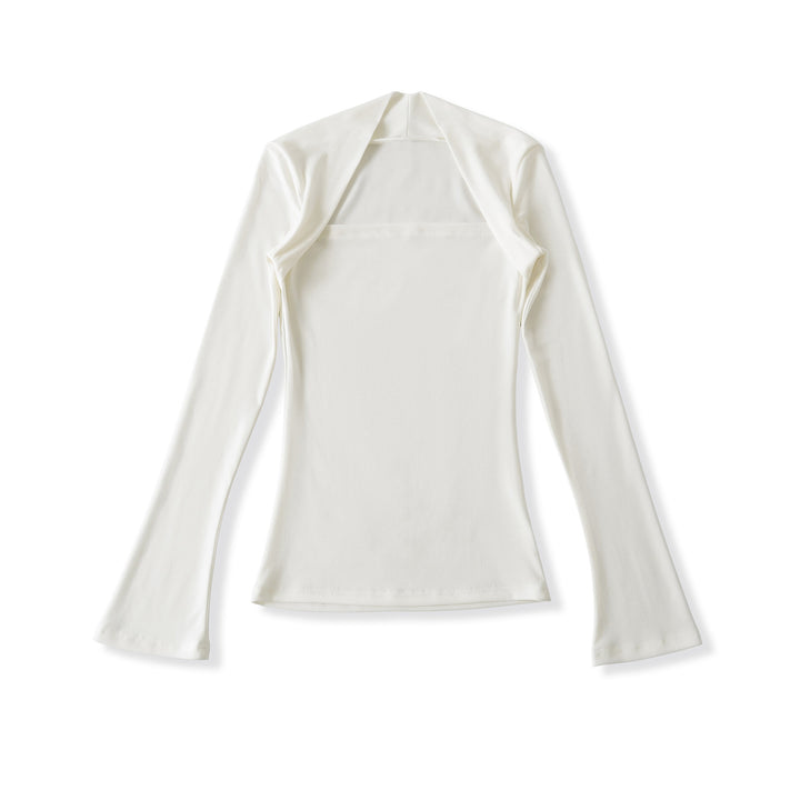 Women's fitted long-sleeve top with wide shawl collar and trumpet sleeves Amarae