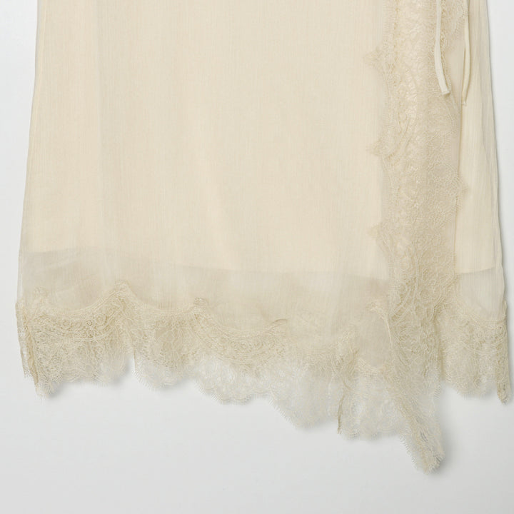 Women's semi-transparent wrap midi skirt made of chiffon with lace and tie band