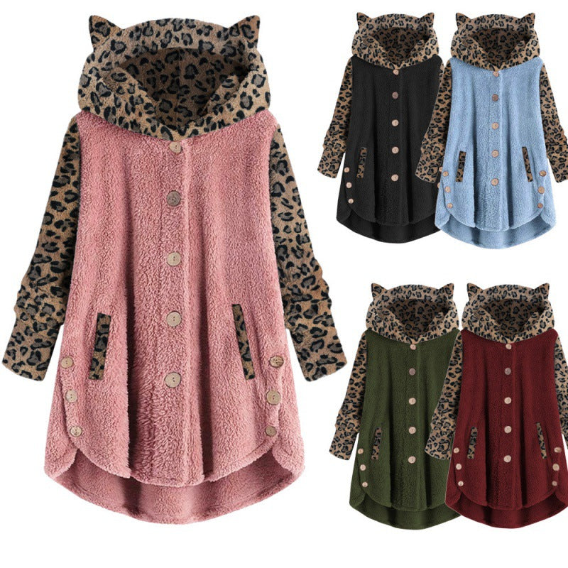 Women's teddy coat with hood, button placket, and contrasting leopard sleeves Amarae