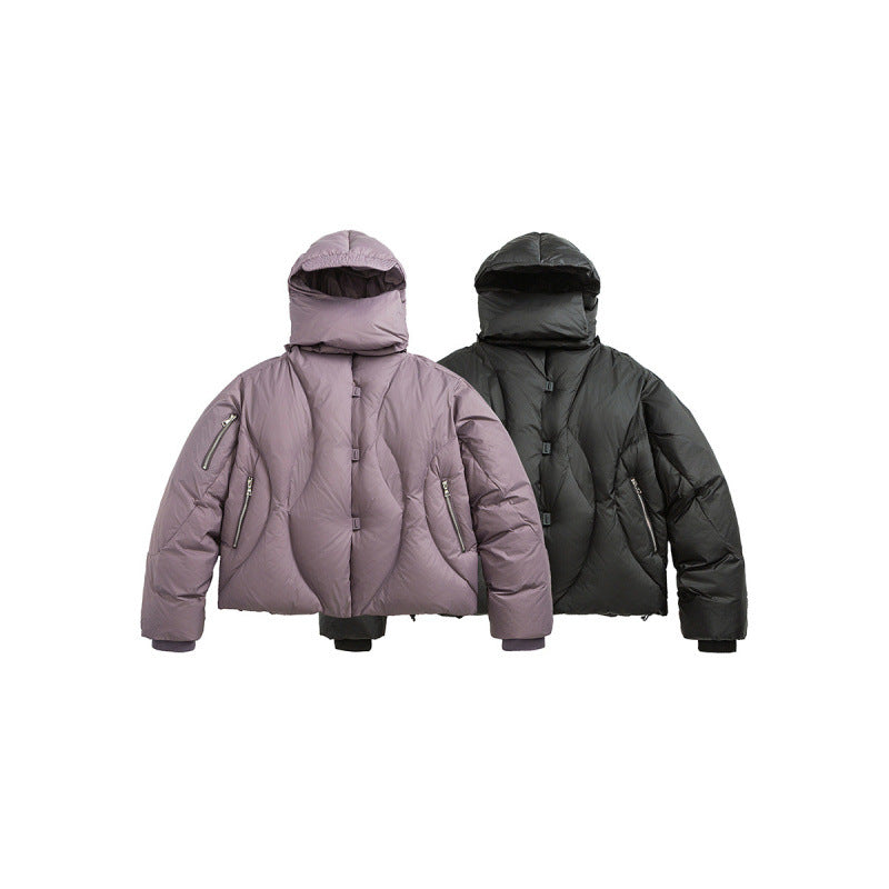 Unisex Short padded puffer jacket with high closing collar, voluminous hood and zippered pockets Amarae