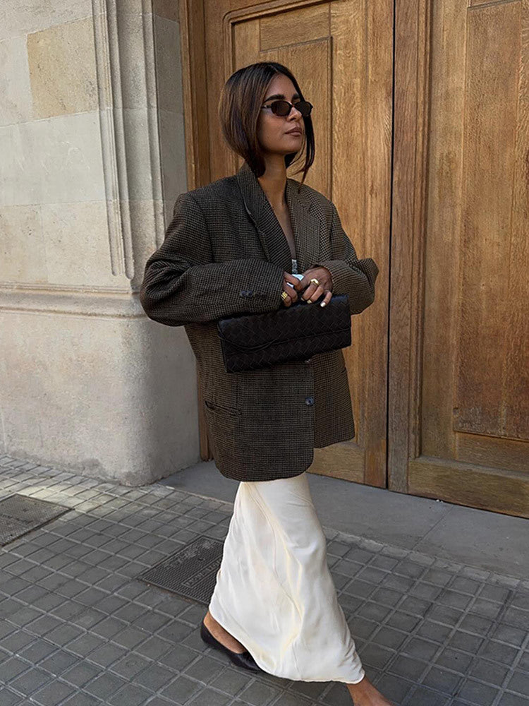 Women's Oversize Glencheck Long Blazer with boxy silhouette and structured shoulder