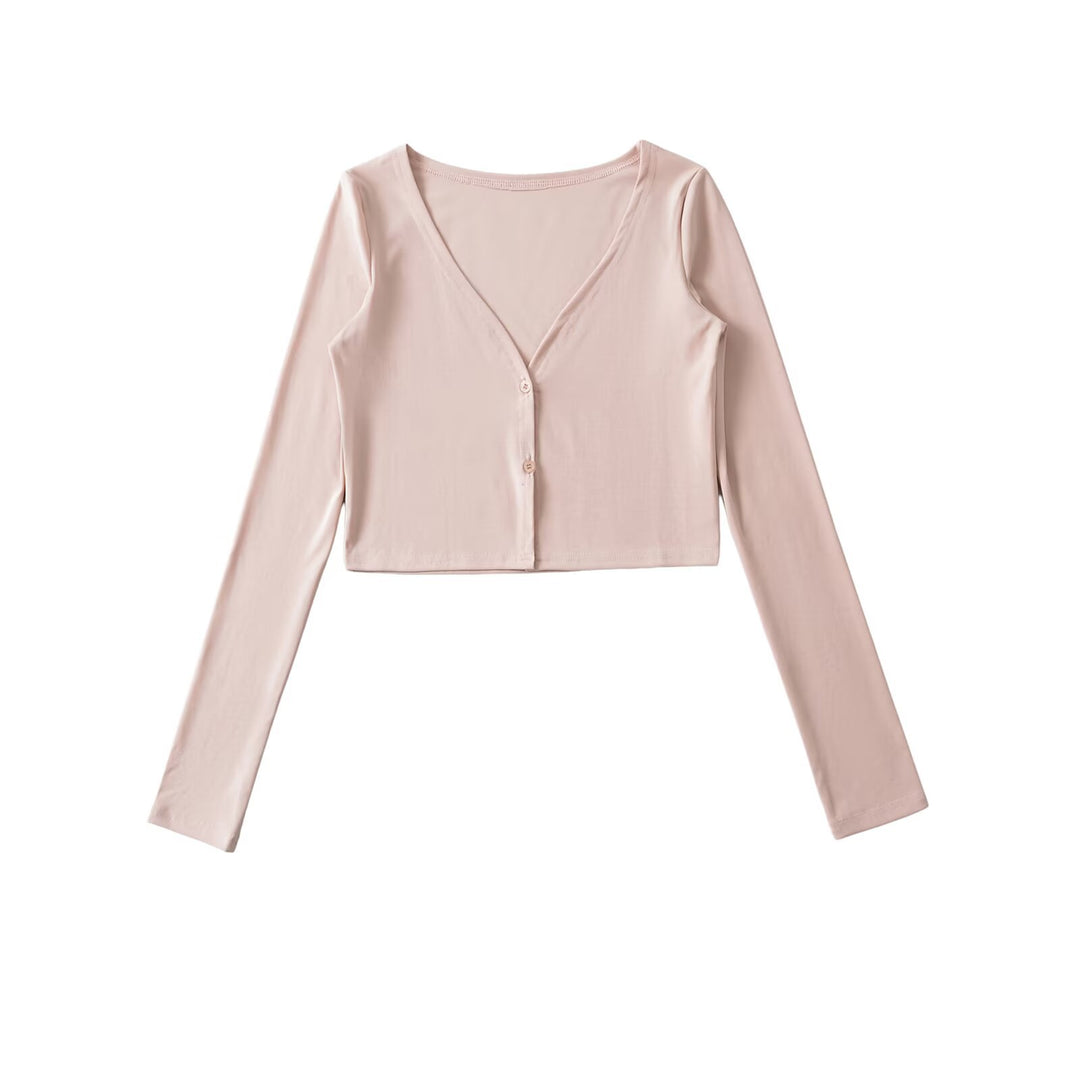 Women Cropped Jersey Cardigan with Deep V-Neck and Narrow Button Placket Amarae