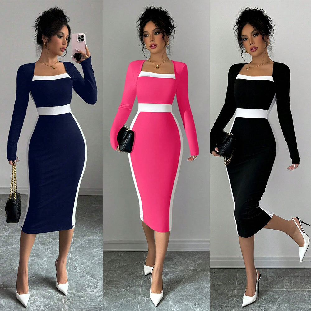 Robe midi ajustée pour femme avec décolleté carré et accents contrastants Chic & Stil