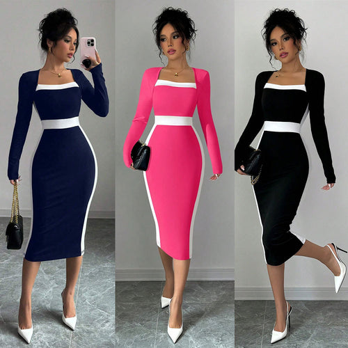 Robe midi ajustée pour femme avec décolleté carré et accents contrastants Chic & Stil