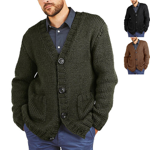 Men's chunky knit jacket with classic V-neck and practical pockets Amarae