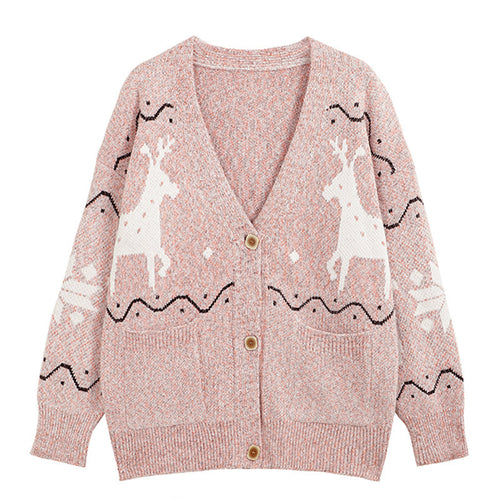 Ladies Comfortable Pullover with Reindeer Pattern and Pockets Amarae
