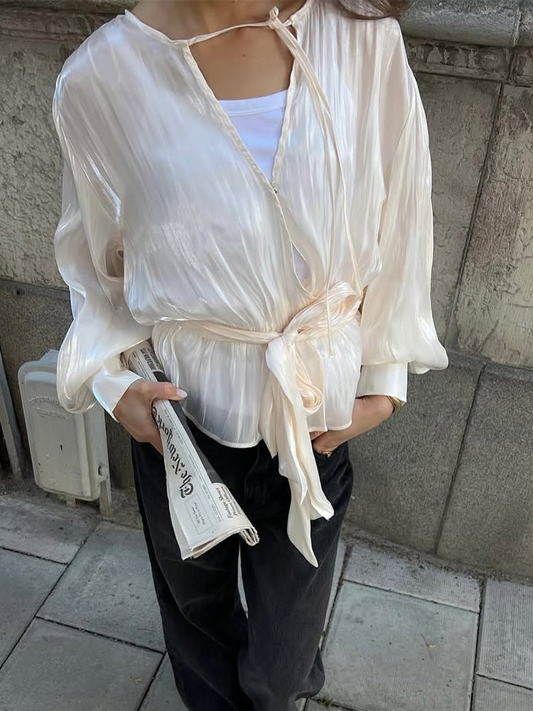 Women Elegant Wrap Blouse with Tie Belt and Voluminous Balloon Sleeves Amarae