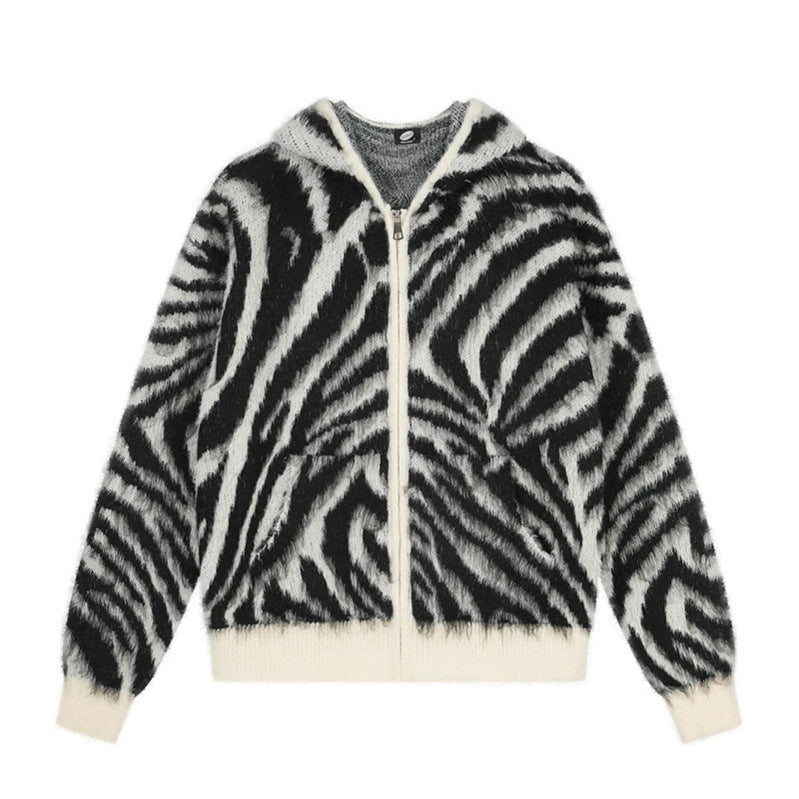 Women's Fluffy Zip Hoodie Cardigan with Zebra Jacquard and Kangaroo Pocket Amarae