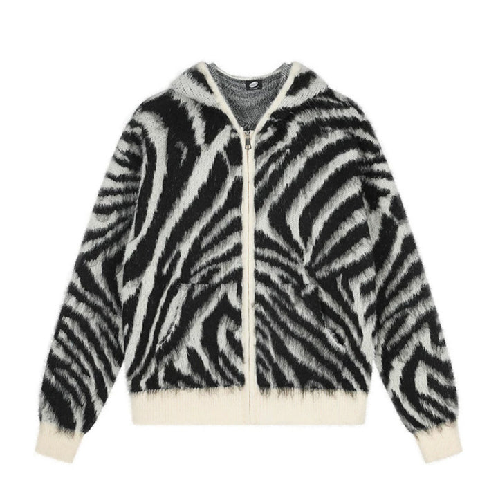 Women's Fluffy Zip Hoodie Cardigan with Zebra Jacquard and Kangaroo Pocket Amarae