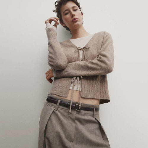 Ladies cozy pullover with tie belt and V-neck Amarae
