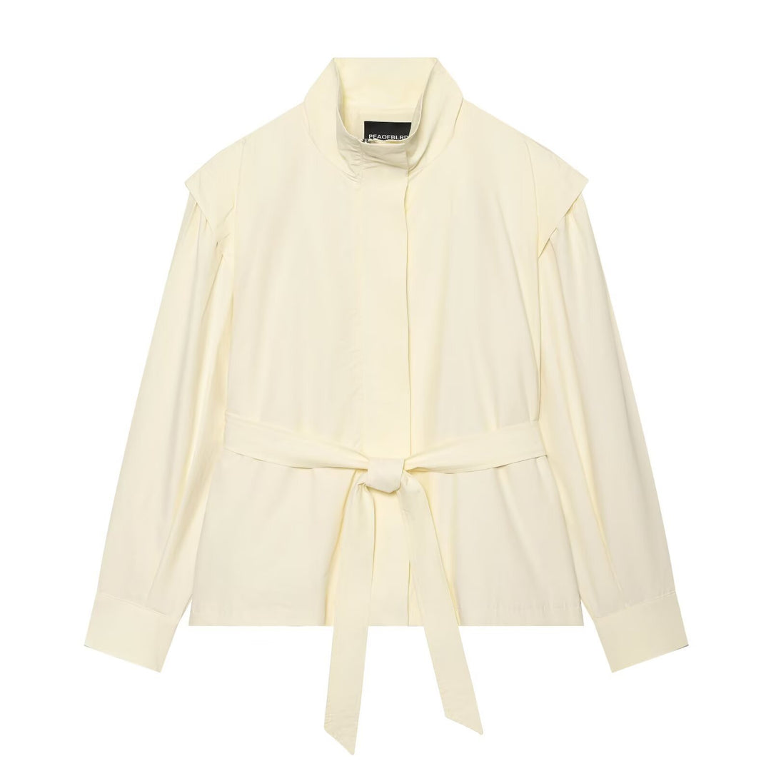 Women Lightweight Tailored Jacket with Stand Collar, Tied Belt and Cape Sleeve Detail Amarae
