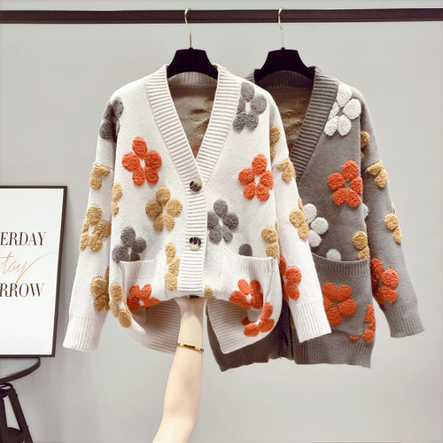 Women’s knitted jacket with floral appliqués and large pockets Amarae