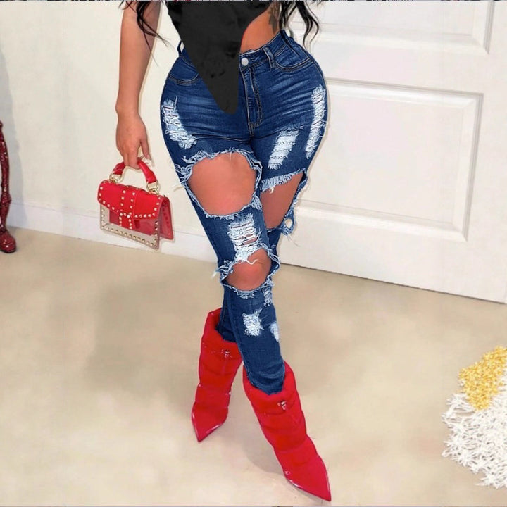 Ladies high-waisted skinny jeans with XXL knee cutouts, heavily distressed used look and sculpting cut Amarae