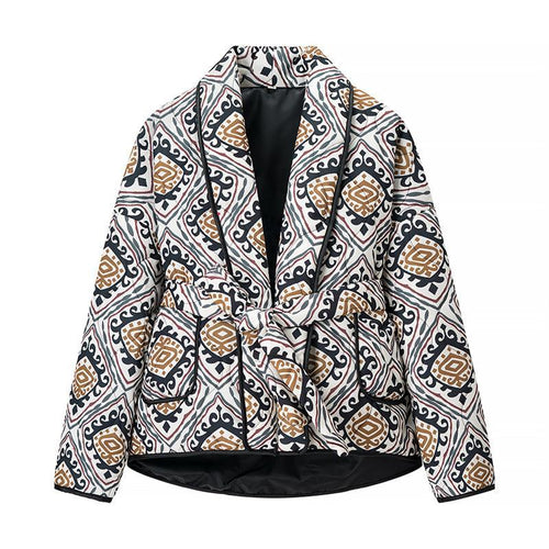 Fashionable women's blazer with tie belt and artistic pattern Amarae