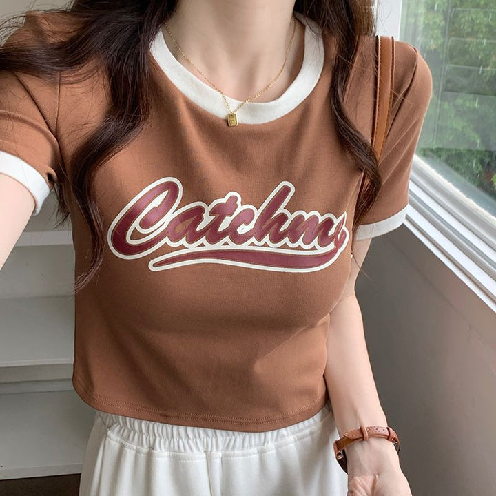 Women’s Casual Crop Top with Contrasting Sleeves and Creative Print Lune London