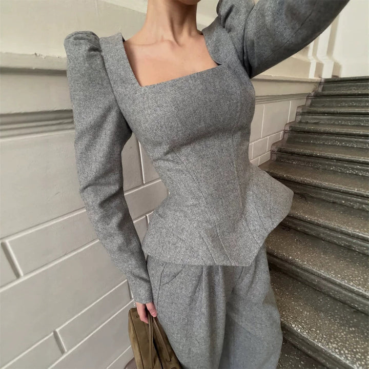 Women's Tailored Corset Blazer Top with Square Neckline, Peplum and Emphasized Shoulders Amarae