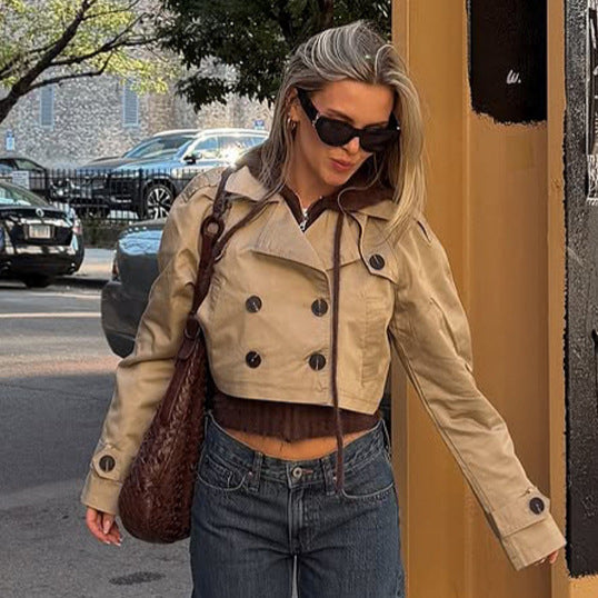 Women's Short-Cut Trench Blouson with Double-Breasted Button Placket and Shortened Silhouette Amarae