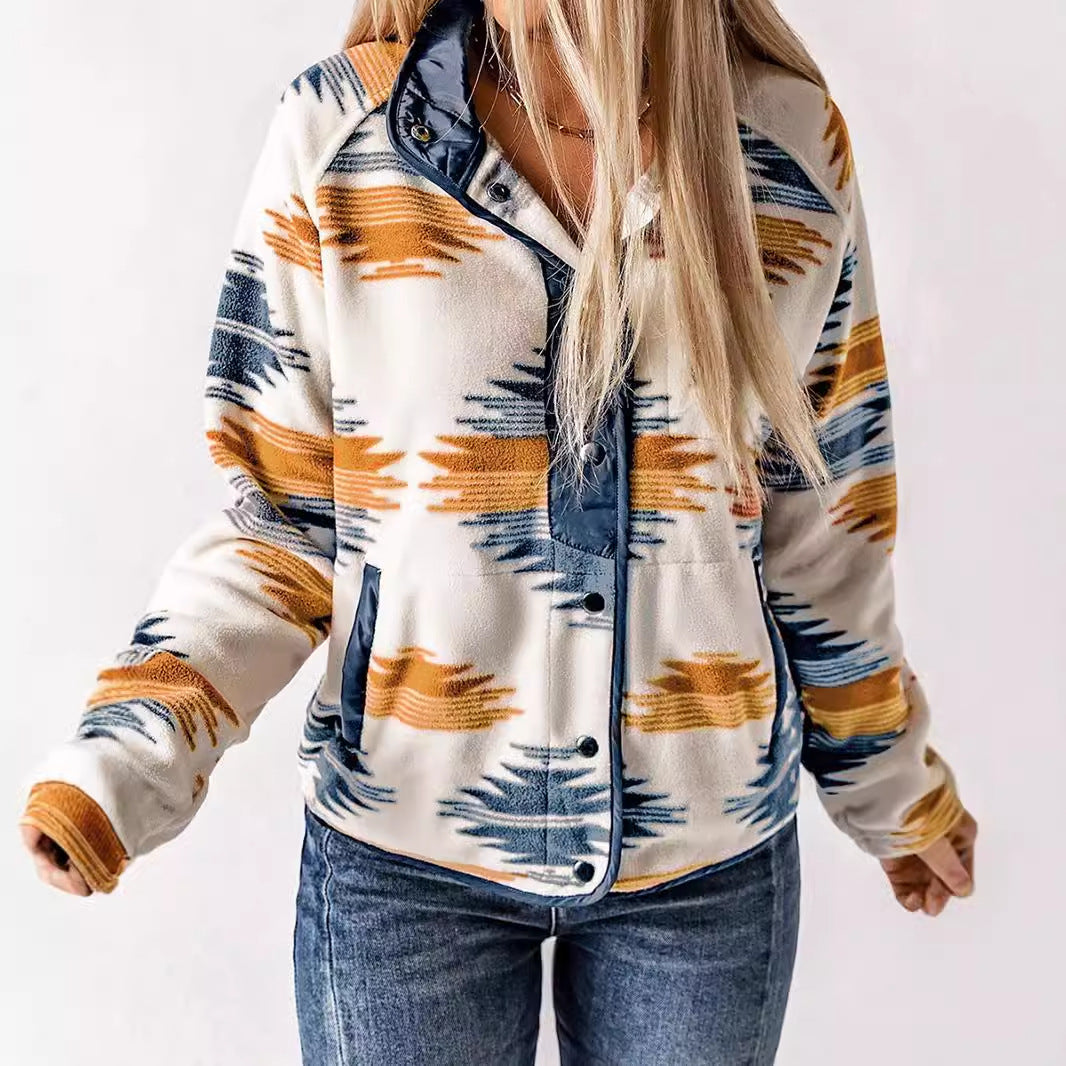 Women's patterned fleece clothing with practical pockets and chic button detail