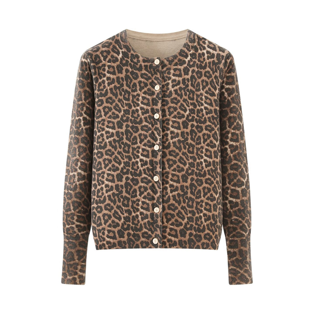 Ladies fine knit cardigan with leopard print, round neck and continuous button placket Amarae