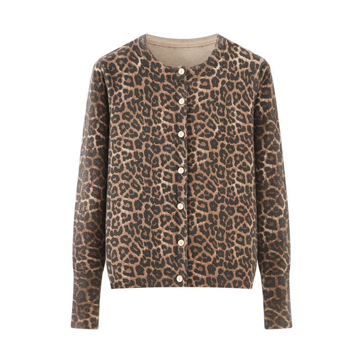 Ladies fine knit cardigan with leopard print, round neck and continuous button placket Amarae