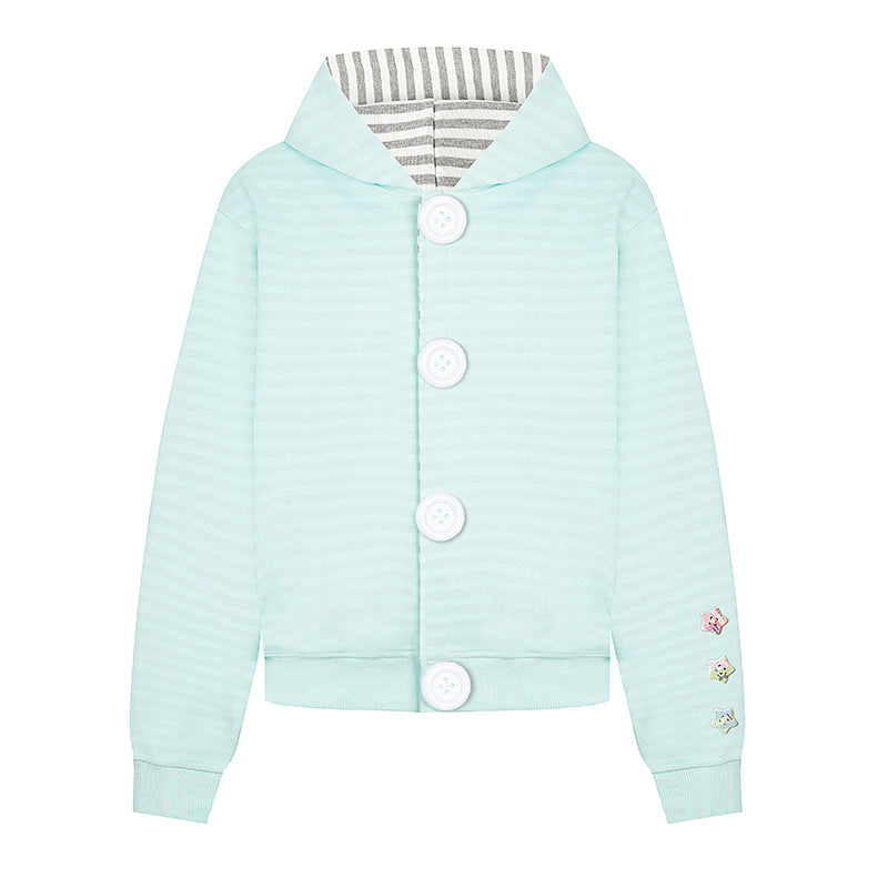 Women's hooded sweat jacket with oversized buttons, striped inner lining, and ribbed cuffs.
