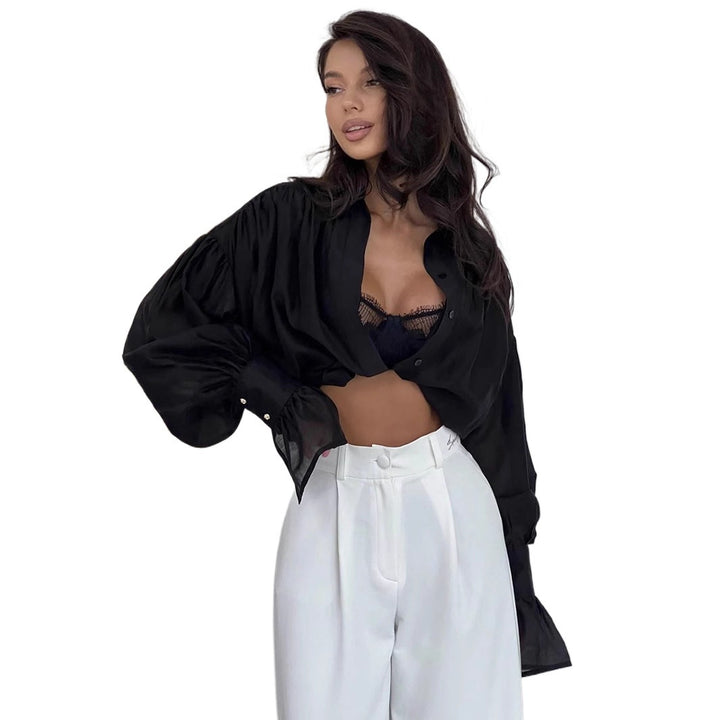 Plus size ladies transparent blouse with buttons Lune London