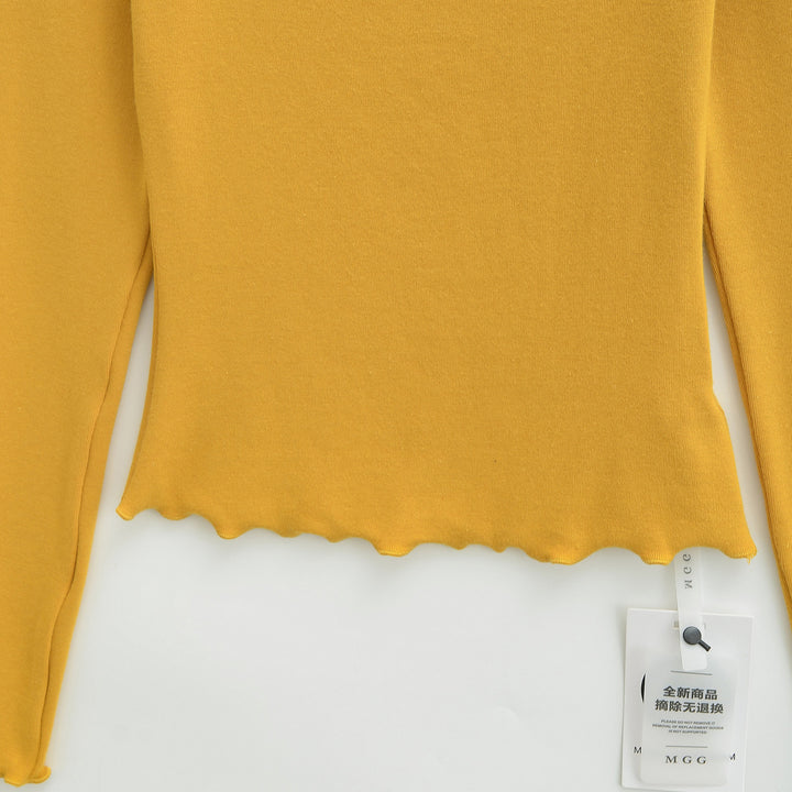 Women Fitted Long Sleeve Fine Knit Top with Square Neckline and Wave Hem Amarae