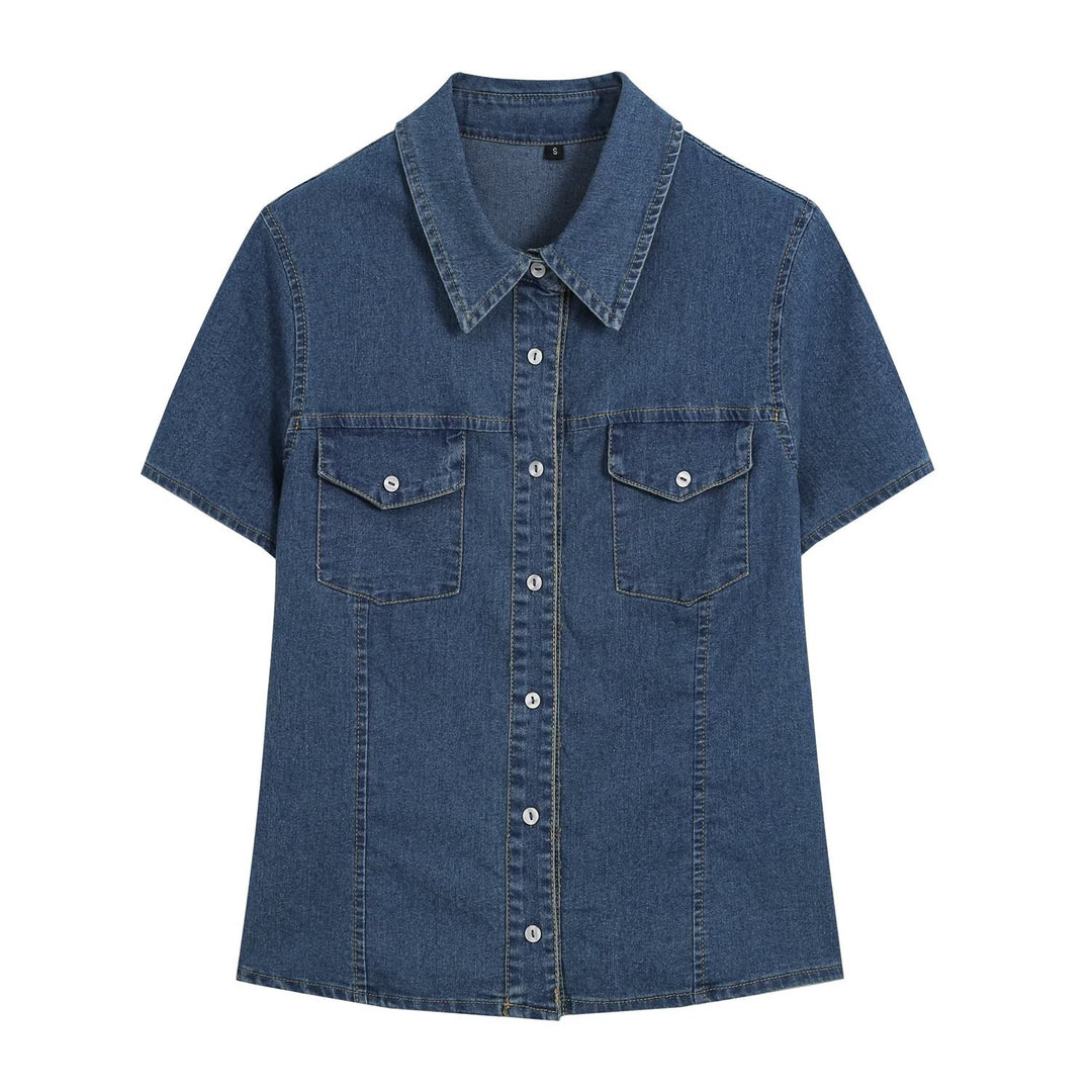 Women's Short Sleeve Denim Shirt Dress with Full Button Placket and Chest Flap Pockets Amarae