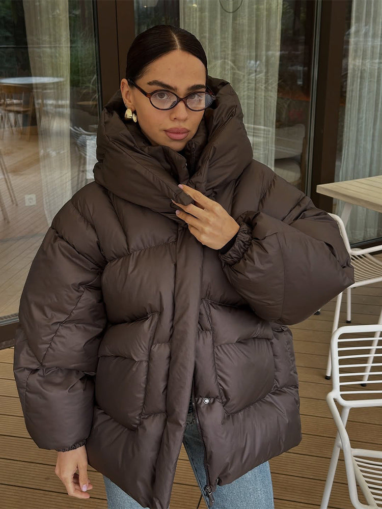 Women Oversize Quilted Jacket with High Shawl Collar and Padded Filling Amarae
