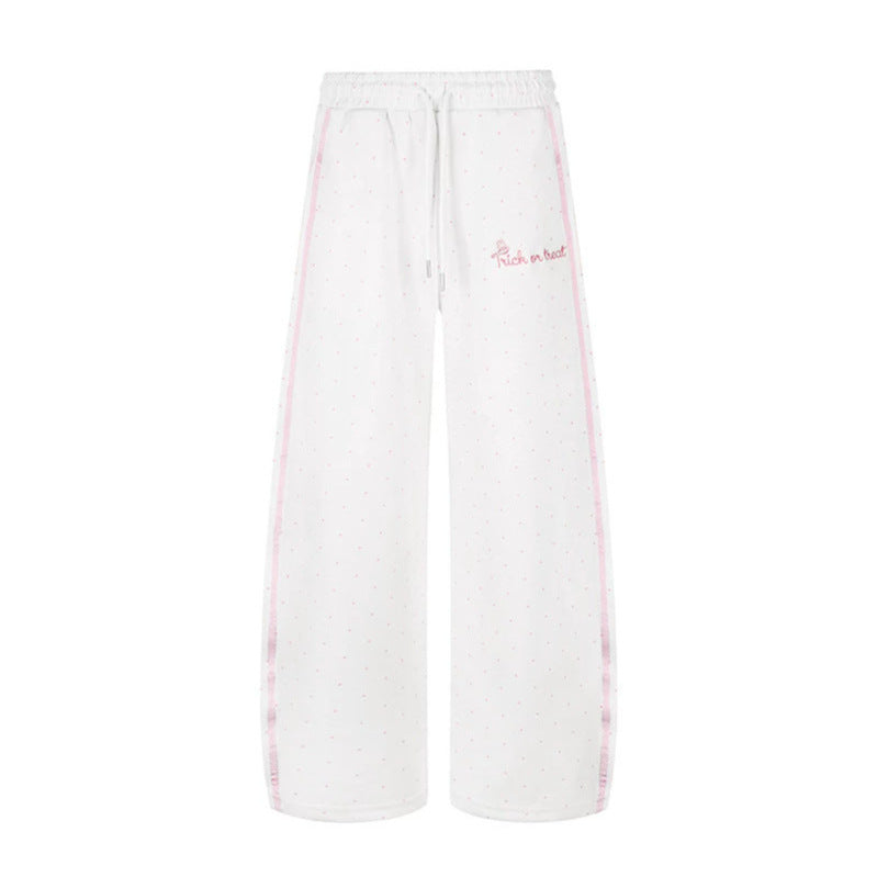 Women's Extra Wide Palazzo Sweatpants in Polka Dot Design with Elastic Comfort Waistband and Side Contrast Stripes Amarae
