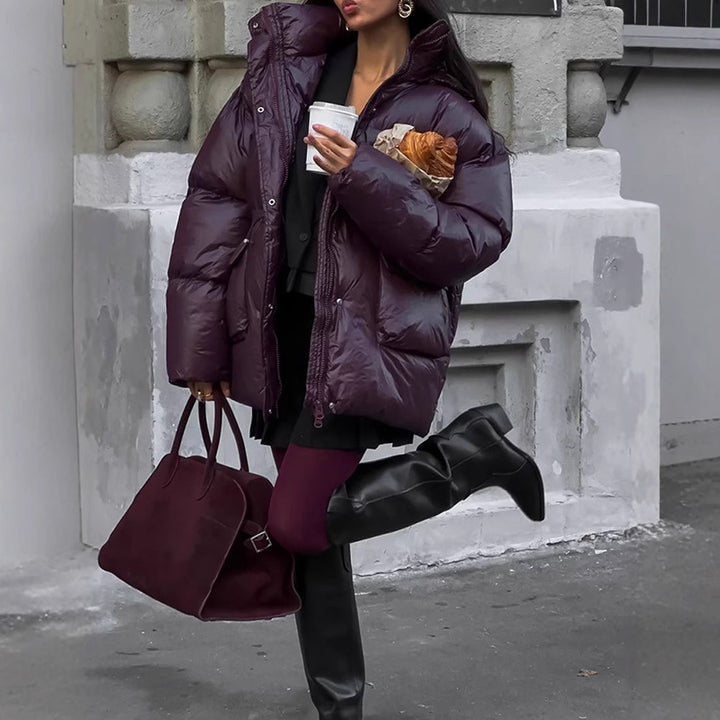 Ladies Oversized Puffer with visible quilted design and high collar Amarae