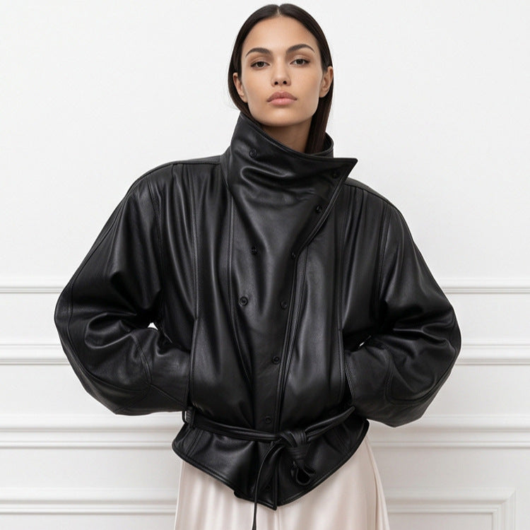 Ladies Oversize Faux Leather Bomber Jacket with High Standing Collar and Waist Belt Amarae