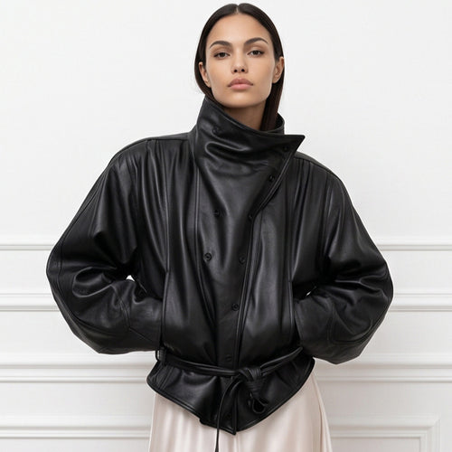 Ladies Oversize Faux Leather Bomber Jacket with High Standing Collar and Waist Belt Amarae