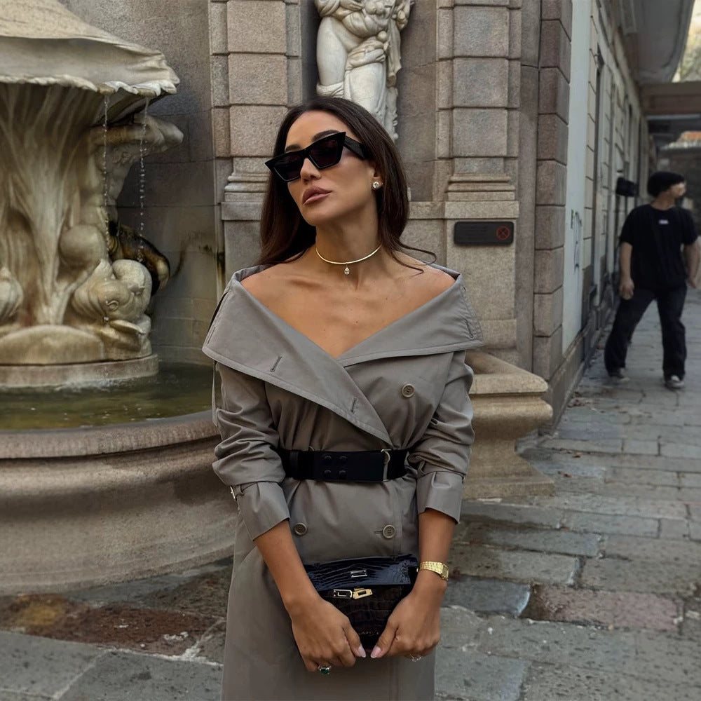 Women Off-Shoulder Trench Dress with Double-Breasted Button Placket and Fitted Patent Belt Amarae