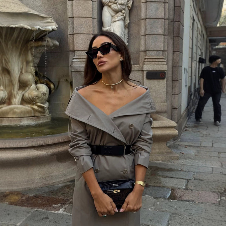 Women Off-Shoulder Trench Dress with Double-Breasted Button Placket and Fitted Patent Belt Amarae