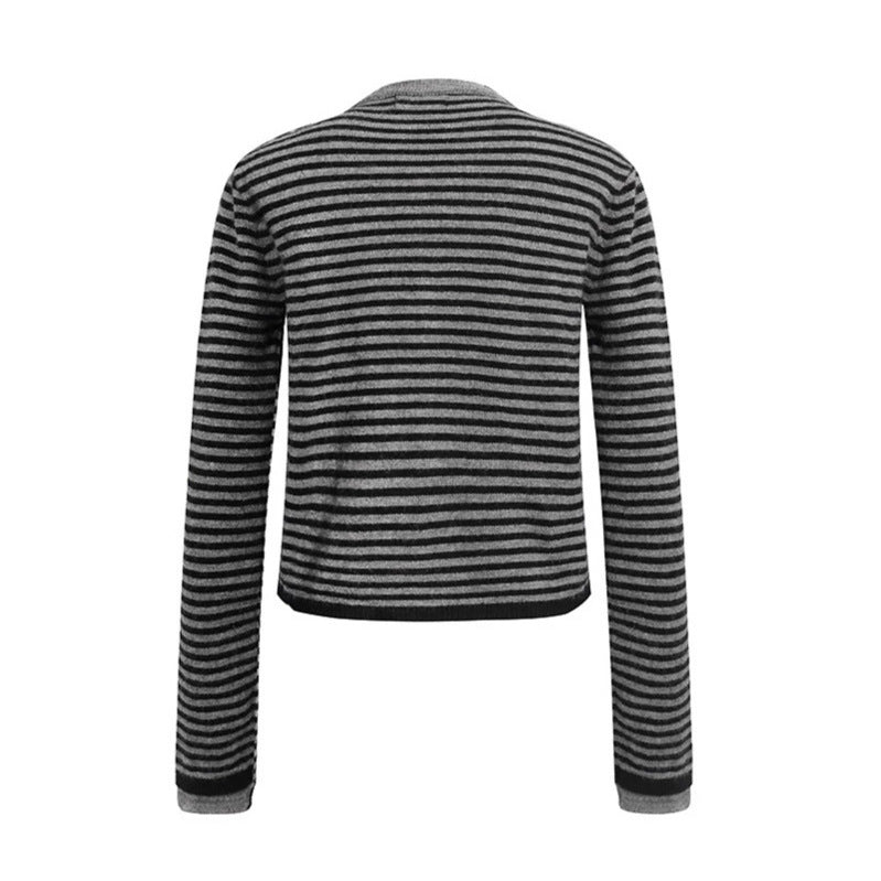 Women's Short Layered Cardigan with Round Neck and Fine Stripes Amarae