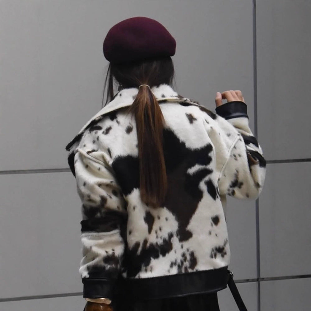 Women short padded biker jacket made of faux fur in cow print with contrast leather trim Amarae